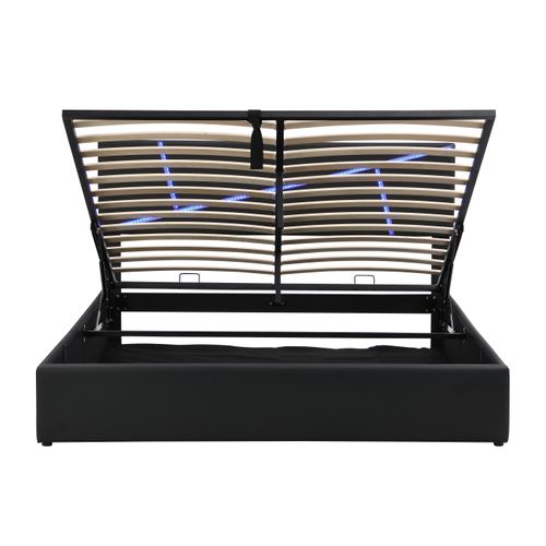 Lit Coffre 140x200 Cm Avec LED Et Sommier Pu Noir