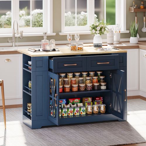 Ilot Central Cuisine Comptoir Avec USB, 2 Tiroirs, 2 Portes Et Bureau Pliable Bleu