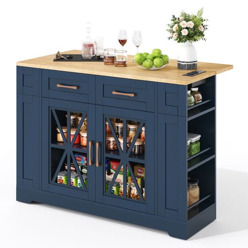 Ilot Central Cuisine Comptoir Avec USB, 2 Tiroirs, 2 Portes Et Bureau Pliable Bleu