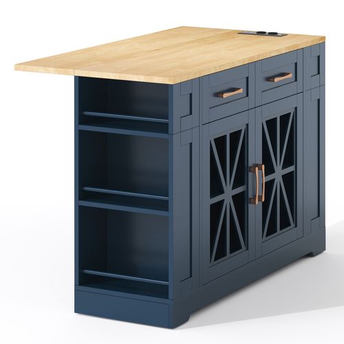 Ilot Central Cuisine Comptoir Avec USB, 2 Tiroirs, 2 Portes Et Bureau Pliable Bleu