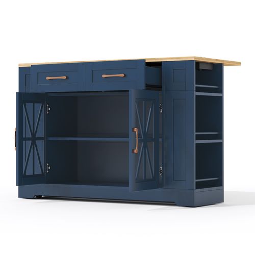 Ilot Central Cuisine Comptoir Avec USB, 2 Tiroirs, 2 Portes Et Bureau Pliable Bleu