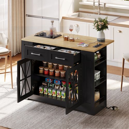 Ilot Central Cuisine Comptoir Avec USB, 2 Tiroirs, 2 Portes Et Bureau Pliable Noir