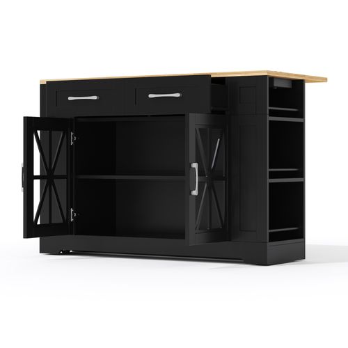 Ilot Central Cuisine Comptoir Avec USB, 2 Tiroirs, 2 Portes Et Bureau Pliable Noir