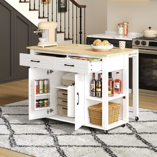 Ilot Central Cuisine Comptoir Avec 2 Tiroirs, 2 Portes Et Bureau Rétractable Blanc