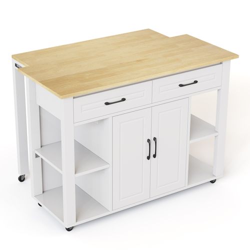 Ilot Central Cuisine Comptoir Avec 2 Tiroirs, 2 Portes Et Bureau Rétractable Blanc