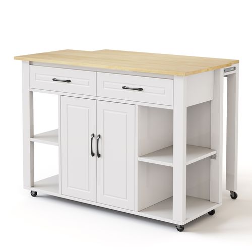 Ilot Central Cuisine Comptoir Avec 2 Tiroirs, 2 Portes Et Bureau Rétractable Blanc