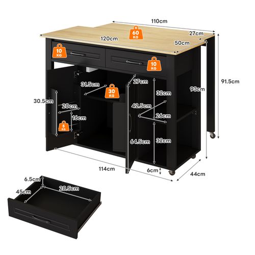 Ilot Central Cuisine Comptoir Avec 2 Tiroirs, 2 Portes Et Bureau Rétractable Noir