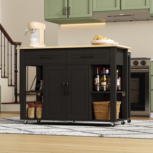 Ilot Central Cuisine Comptoir Avec 2 Tiroirs, 2 Portes Et Bureau Rétractable Noir