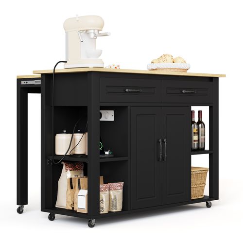 Ilot Central Cuisine Comptoir Avec 2 Tiroirs, 2 Portes Et Bureau Rétractable Noir