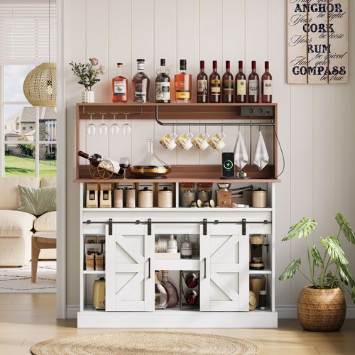 Ilot Central Cuisine Comptoir Avec USB, 2 Portes Coulissantes, 2 Niches Et Porte-gobelets Blanc