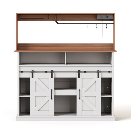 Ilot Central Cuisine Comptoir Avec USB, 2 Portes Coulissantes, 2 Niches Et Porte-gobelets Blanc