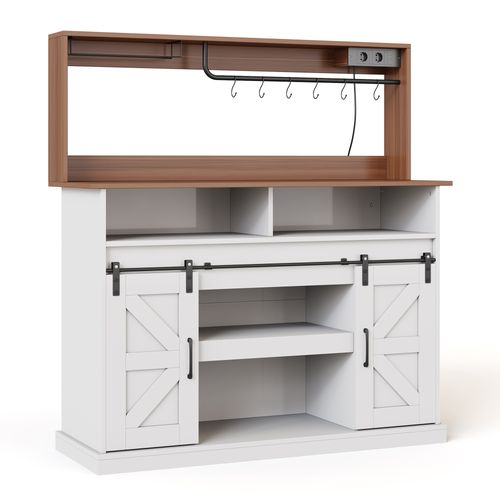 Ilot Central Cuisine Comptoir Avec USB, 2 Portes Coulissantes, 2 Niches Et Porte-gobelets Blanc