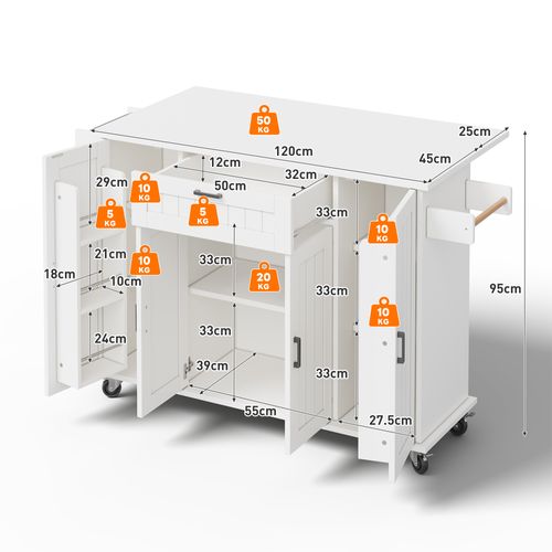 Ilot Central Cuisine Comptoir Avec 1 Tiroir, 4 Portes Et Bureau Pliable Blanc