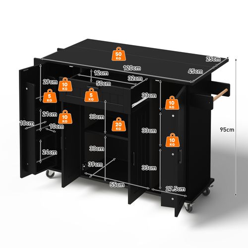 Ilot Central Cuisine Comptoir Avec 1 Tiroir, 4 Portes Et Bureau Pliable Noir