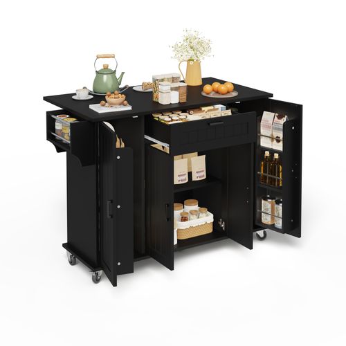 Ilot Central Cuisine Comptoir Avec 1 Tiroir, 4 Portes Et Bureau Pliable Noir