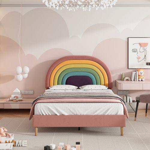 Lit Simple Velours Tête De Lit Rainbow 140 X 200 Cm En Rose