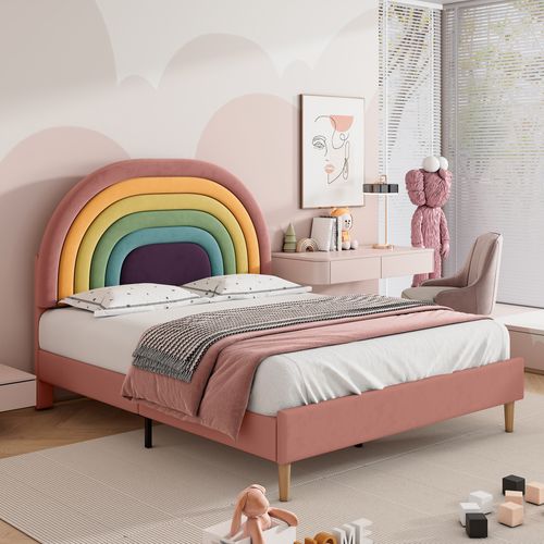 Lit Simple Velours Tête De Lit Rainbow 140 X 200 Cm En Rose