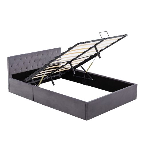 Lit Coffre 140x200 Cm En Velours Gris Foncé Avec Tête De Lit Et Sommier