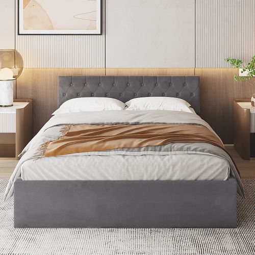 Lit Coffre 140x200 Cm En Velours Gris Foncé Avec Tête De Lit Et Sommier