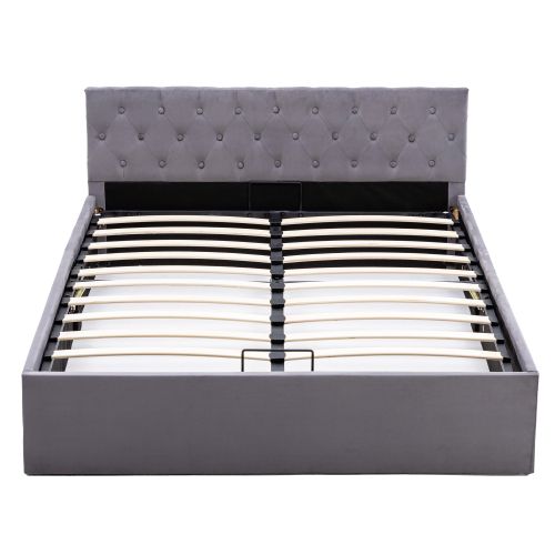 Lit Coffre 140x200 Cm En Velours Gris Foncé Avec Tête De Lit Et Sommier