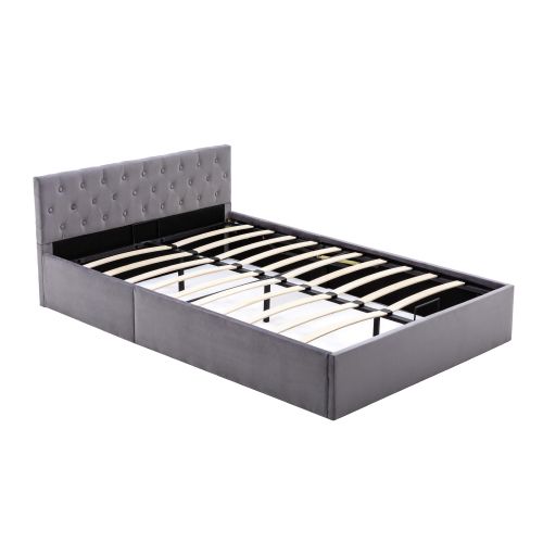 Lit Coffre 140x200 Cm En Velours Gris Foncé Avec Tête De Lit Et Sommier