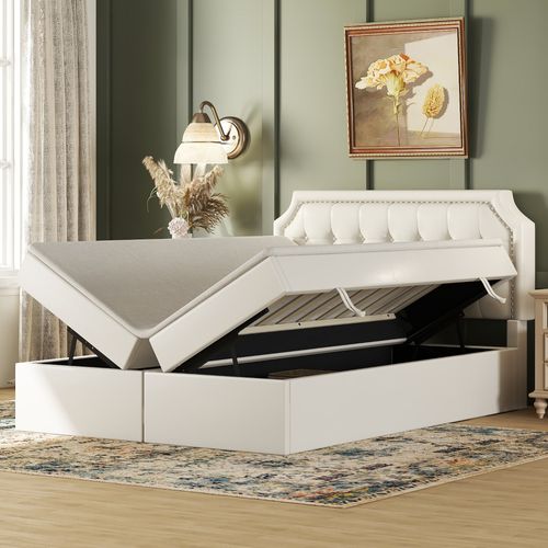 Lit Coffre 140 X 200cm Avec Sommier à Lattes Et Tête De Lit Blanc