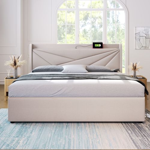 Lit Coffre 160 X 200cm Avec USB Lin En Beige