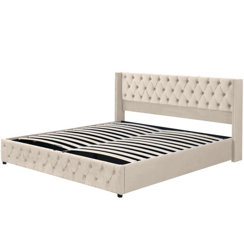Lit Adult Lit Coffre 160 X 200cm Avec Tête De Lit Et Sommier En Beige