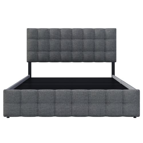 Lit Adulte + 4 Tiroir 140x200 Cm Lin Gris Avec Tête De Lit Et Sommier