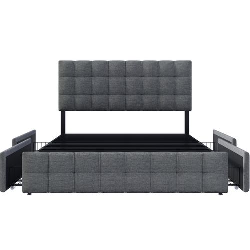 Lit Adulte + 4 Tiroir 140x200 Cm Lin Gris Avec Tête De Lit Et Sommier