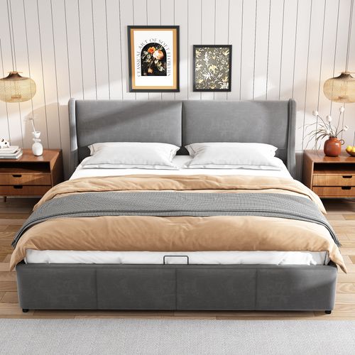 Lit Coffre 180x200 Cm En Velours Gris Foncé Avec Tête De Lit Et Sommier