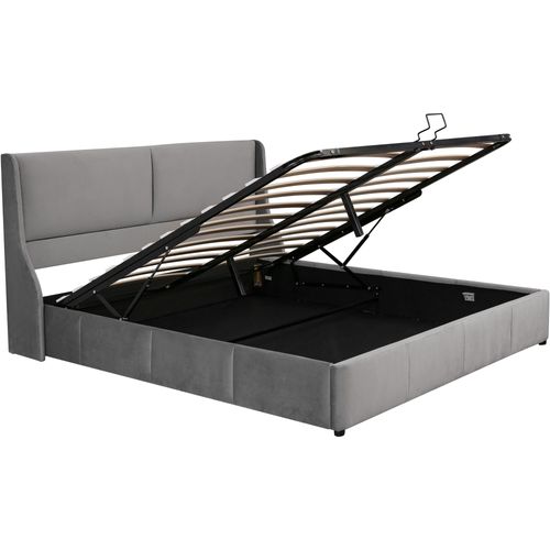 Lit Coffre 180x200 Cm En Velours Gris Foncé Avec Tête De Lit Et Sommier