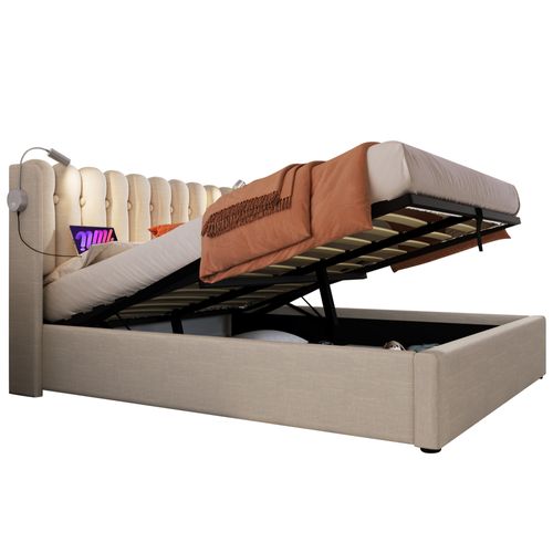 Lit Coffre 160 X 200cm Tête De Lit Avec Liseuse Et Chargement USB Velours En Beige