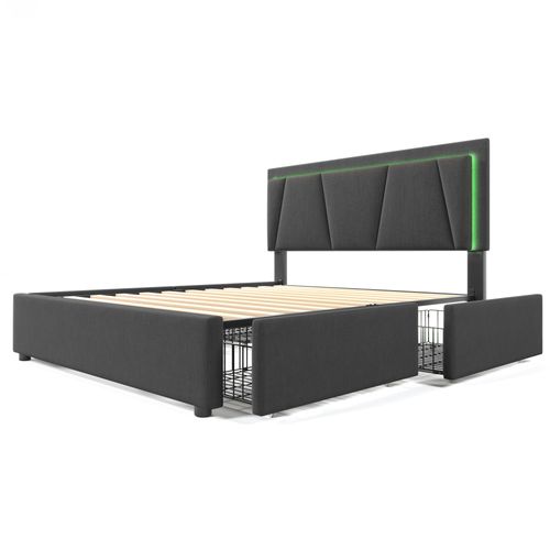 Lit 140 X 200cm Avec 4 Tiroirs + LED - Lin Gris