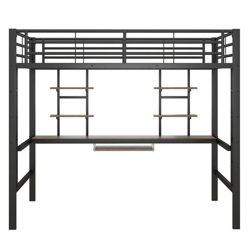 Lit Mezzanine, Lit En Fer Avec Bureau Et Deux Étagères 140 X 200 Cm En Noir
