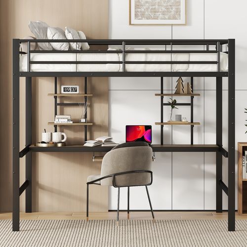 Lit Mezzanine, Lit En Fer Avec Bureau Et Deux Étagères 140 X 200 Cm En Noir