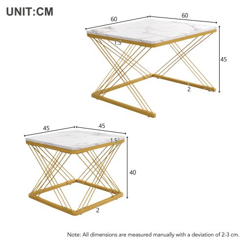 Lot De 2 Table Basse Gigognes Carré Avec Pieds En Métal Doré