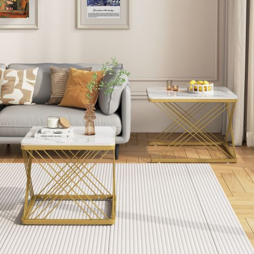 Lot De 2 Table Basse Gigognes Carré Avec Pieds En Métal Doré