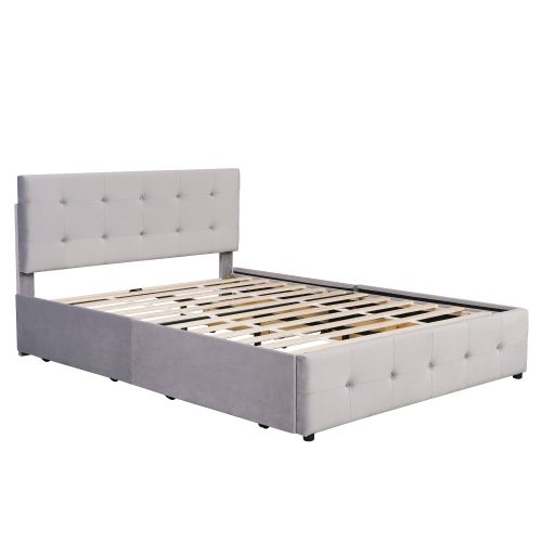 Lit 4 Tiroirs 140 X 200 Cm Gris Avec Tête De Lit Et Sommier