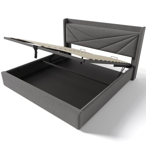 Lit Coffre 160 X 200cm Tête De Lit Avec Chargement USB Type C - Lin Gris