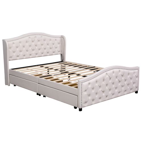 Lit Adulte + 2 Tiroir 140 X 200 Cm Blanc Pu Avec Tête De Lit Et Sommier