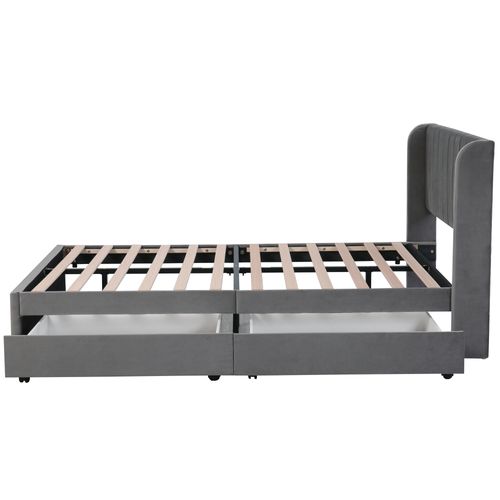 Lit Double 160 X 200 Cm Avec 2 Tiroirs En Gris