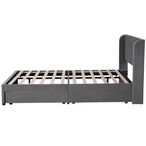 Lit Double 160 X 200 Cm Avec 2 Tiroirs En Gris