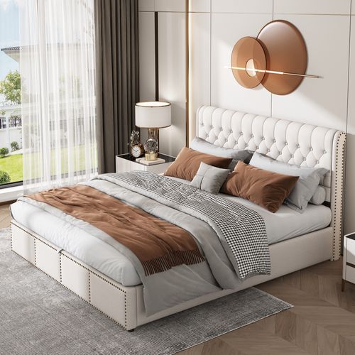 Lit Rembourré Coffre 180x200 Cm En Gris Pu Avec Tête De Lit Et Sommier