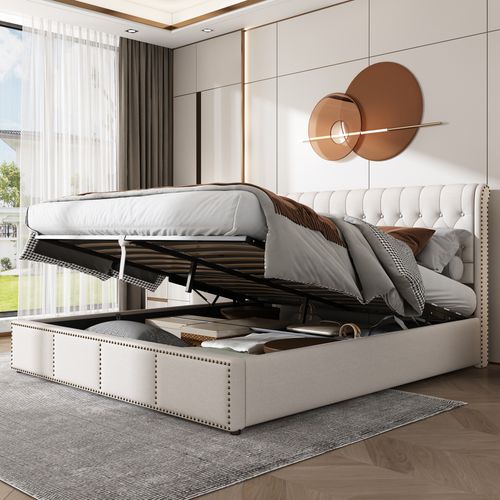 Lit Rembourré Coffre 180x200 Cm En Gris Pu Avec Tête De Lit Et Sommier