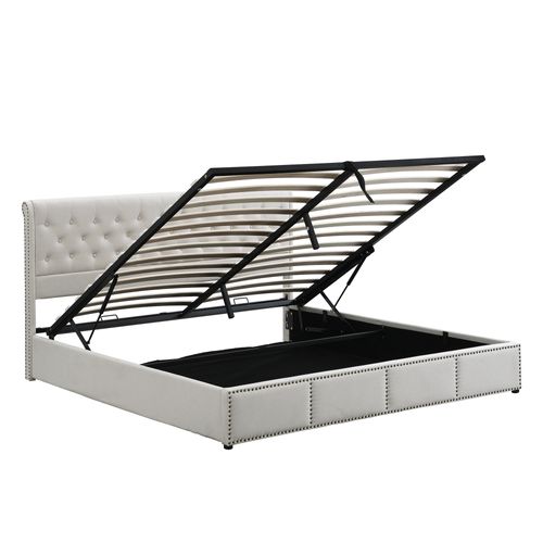 Lit Rembourré Coffre 180x200 Cm En Gris Pu Avec Tête De Lit Et Sommier