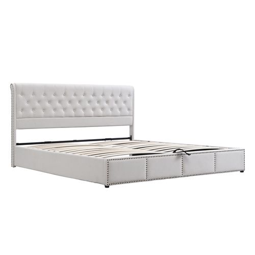 Lit Rembourré Coffre 180x200 Cm En Gris Pu Avec Tête De Lit Et Sommier