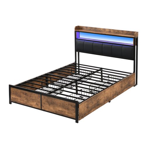 Lit Adult Marron LED Avec 4 Tiroirs 140 X 200 Cm Style Industriel