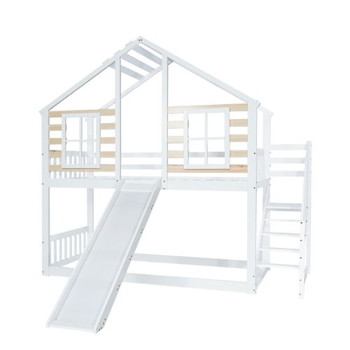 Lit Mezzanine Lit Cabane 90 X 200 Cm Avec Escaliers Et Toboggans En Blanc