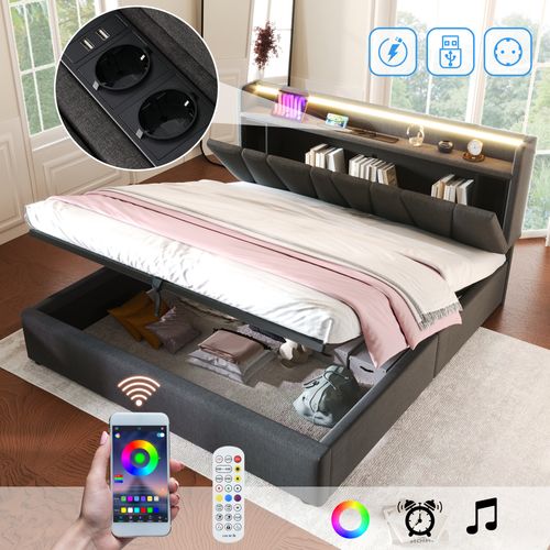 Lit Coffre 160 X 200cm Tête De Lit Avec Rangement, USB + Éclairage LED - Lin Gris